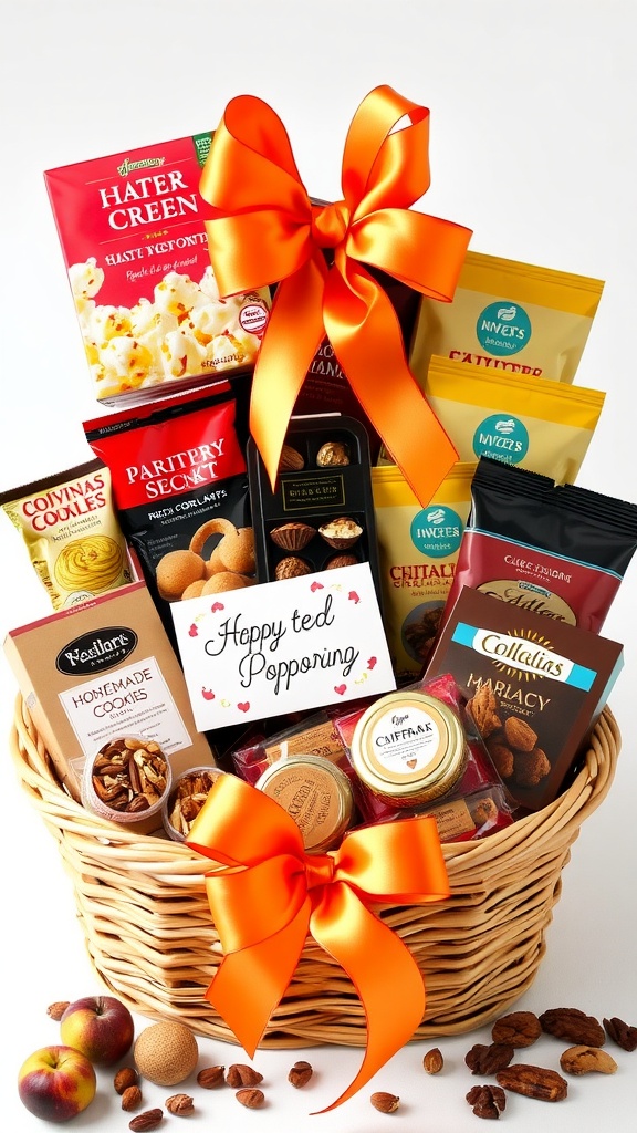 Delicious Snack Gift Ideas for Friends A decorative gift basket overflowing with assorted snacks like popcorn, chocolates, and cookies, tied with a ribbon.